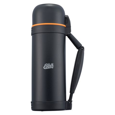 Esbit Isolierflasche schwarz / doppelwandiger Edelstahl, 1500 ml, mit Griff, 2 Bechern, Umhängegurt