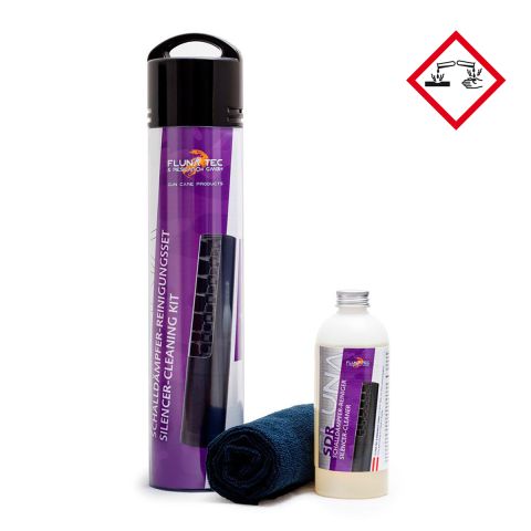 FLUNA TEC SDR Schalldämpfer Reinigungs-Set, 250 ml Flasche, Mikrofasertuch, PVC-Hülle (Reinigungsbehälter), selbstreinigend, materialverträglich