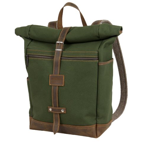 Rolltop-Rucksack aus Canvas, mit Lederboden, gepolsterte Trageriemen, Volumen 20-27 Liter